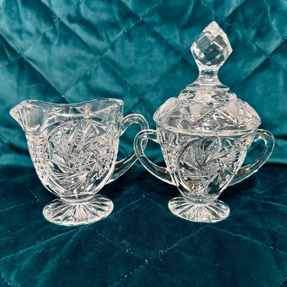 Vintage Cut Glass Creamer & Sugar Set w/ Lid Starburst‎ Pattern Pedestal Footed